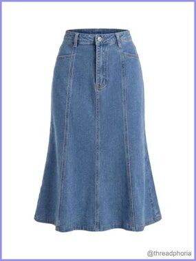 Fishtail Denim Midi Skirt High Waist A-Line Flared Jean Skirt